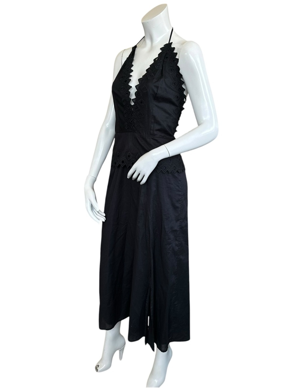 Vix “Tara” Black Plunge Neck Open Strappy Back Side Slit Cotton MIDI Dress Small - Picture 9 of 11